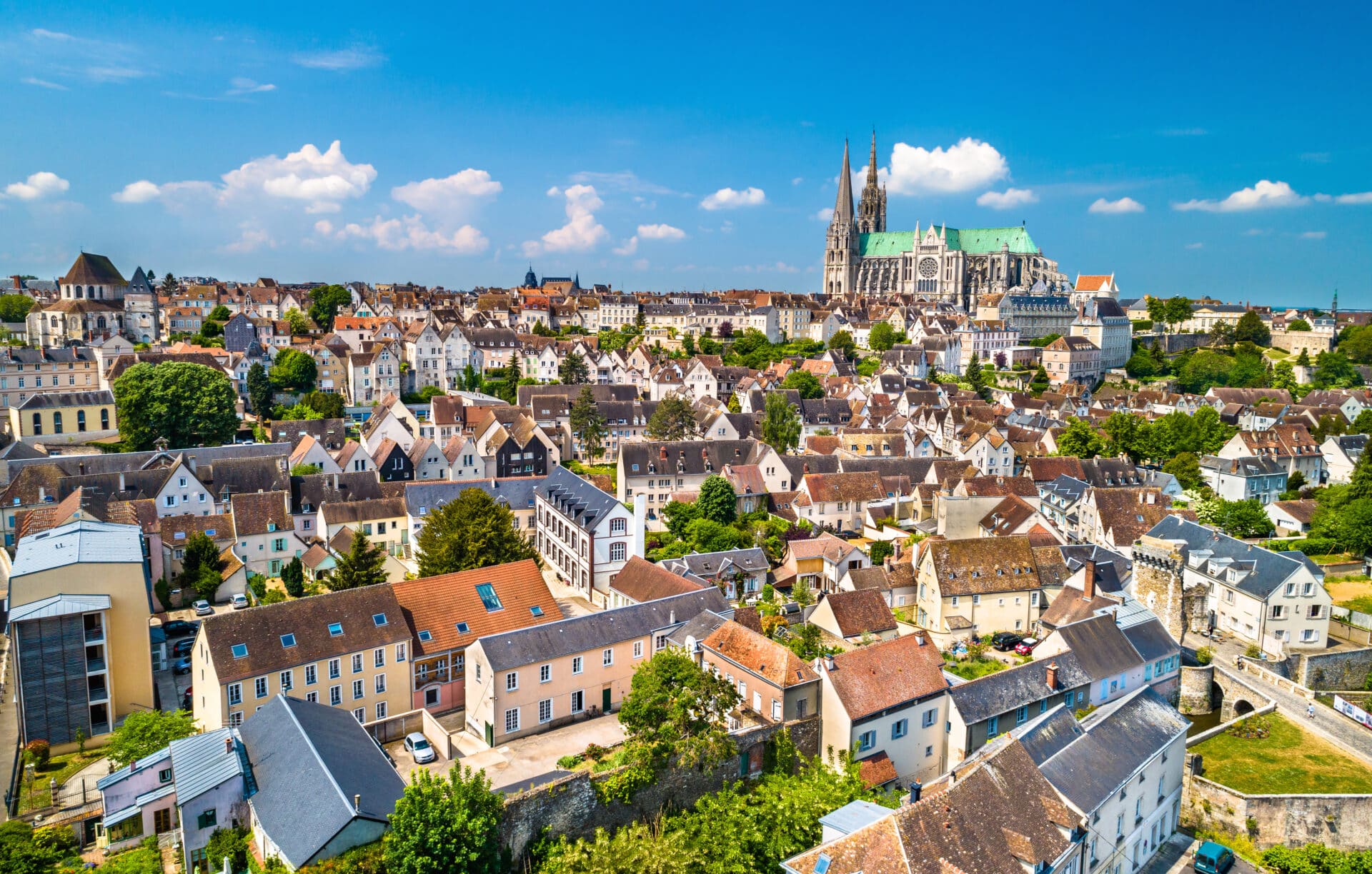 Aerial view of Chartres city with the Cathedral. A UNESCO world heritage site in Eure-et-Loir, France