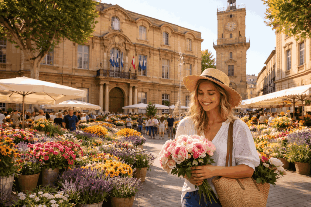 Femme souriante avec des fleurs.